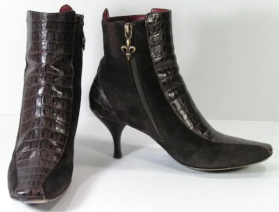donald pliner ankle booties womens 8 B M brown boots zipper stiletto alligator suede leather by cheapgrannyboots steampunk buy now online