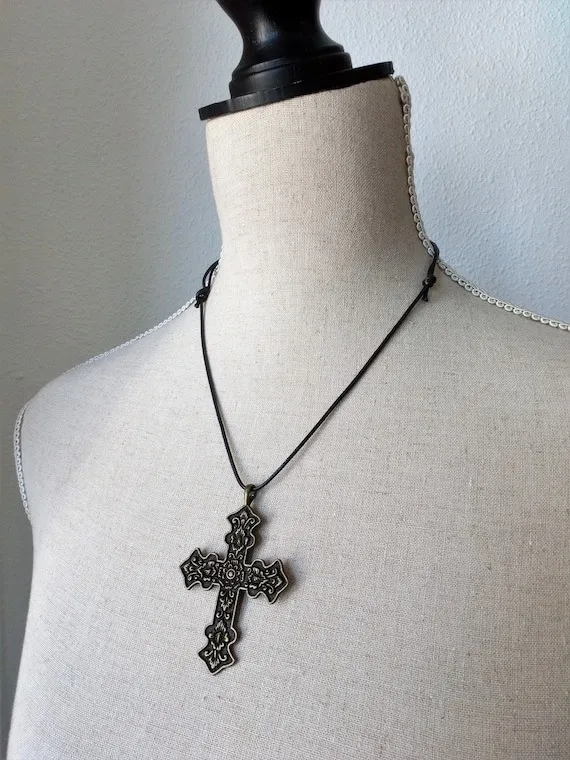 Gothic cross necklace, Antique gold pendant, Large cross pendant, Steampunk costume, Goth accessory, Dark academia choker, Unisex gift cross by HaizeaCouture steampunk buy now online