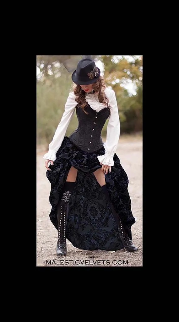 Ready to ship Black Satin Corset with BLACK/BLACK Damask Bustle Skirt, Victorian, Cosplay, Dress, Steampunk outfit costume by MajesticVelvets steampunk buy now online