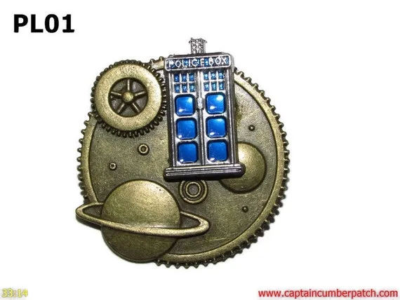 Steampunk pin badge brooch bronze planets with blue enamelled silver police box #PL01 by CaptainCumberpatch steampunk buy now online
