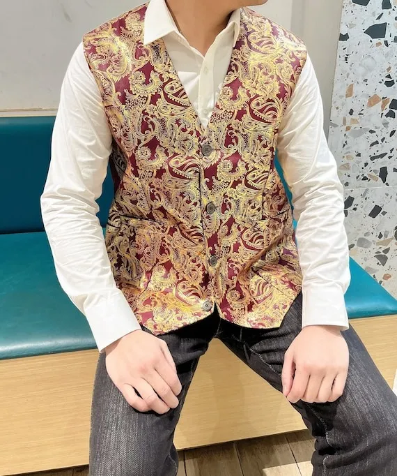 Steampunk Vest Gothic Paisley Victorian Waistcoat Renaissance Medieval Vampire Wedding Brocade Men's Vest Suit Black Red Floral Goth by PetraBoutiqueCo steampunk buy now online