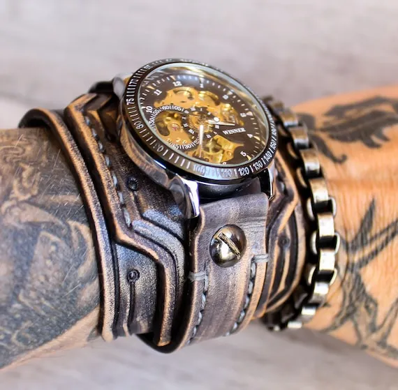 Steampunk Watch, Men's Leather Watch, Mechanical Watch, Wide leather cuff watch, Leather Watch, Men's Cuff Watch, 3rd Anniversary gift, Gray by CuckooNestArtStudio steampunk buy now online
