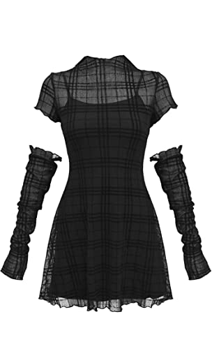 MEOWCOS Women’s Gothic Punk High Collar Short Dress with Long Arm Covers (L, Black) steampunk buy now online