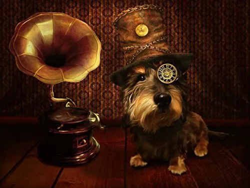 CANVAS-FRAMED-with-AMERICAN-BOX Steampunk Dog Babette - Fantasy horizontal Art print Poster art canvas wall frame Floating frame 24_X_32_in steampunk buy now online