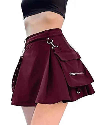 DINGJIUYAN femboy Punk Skirt Cargo Skirts for Women Kawaii Skirt Goth Black Pleated Mini Skirt with Chain High Waisted Tennis Skirt steampunk buy now online