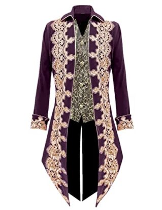 VOREING Mens Steampunk Pirate Jacket Gothic Prince Victorian Frock Coat, Purple, M steampunk buy now online