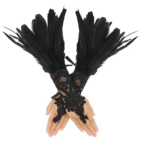 Women's Feather Lace Long Gloves Black Lace Fingerless Gloves Halloween Costume Party Gloves Opera Cosplay Costume Accessories steampunk buy now online