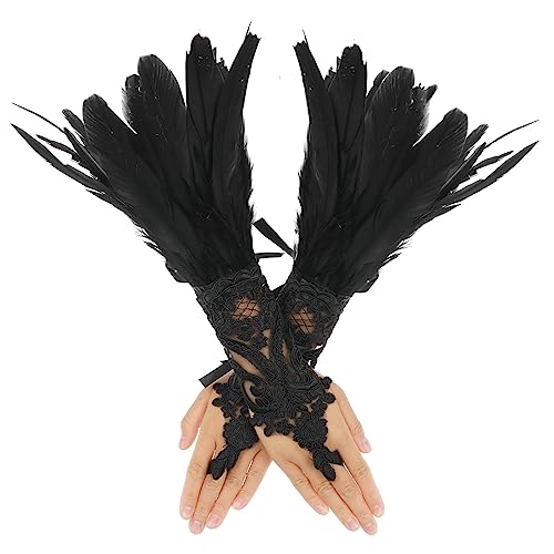 Women's Feather Lace Long Gloves Black Lace Fingerless Gloves Halloween Costume Party Gloves Opera Cosplay Costume Accessories steampunk buy now online
