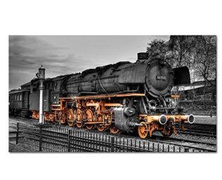 Derkymo Vintage Black and Orange Steam Train Locomotive Canvas Wall Art Train Wall Decor Car Pictures for Home Decoration Gift Stretched and Framed Ready to Hang 20"x36" steampunk buy now online
