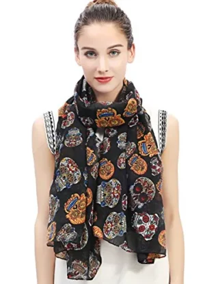 Lina & Lily Day of the Dead Sugar Skull Print Large Scarf Shawl Lightweight (Black)(Size: 180 X 90 cm) steampunk buy now online