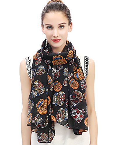 Lina & Lily Day of the Dead Sugar Skull Print Large Scarf Shawl Lightweight (Black)(Size: 180 X 90 cm) steampunk buy now online