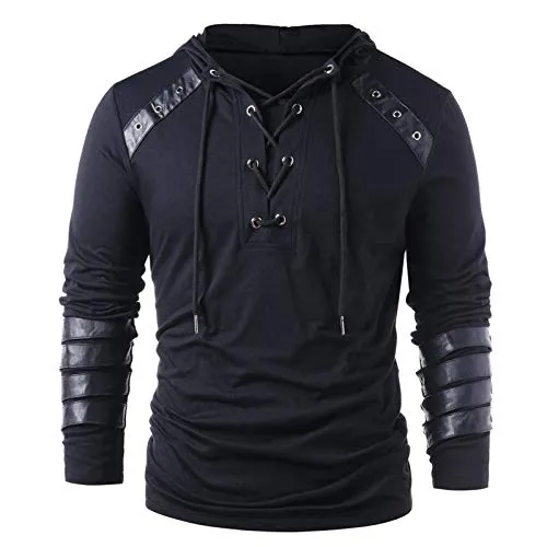 Cenlang Men's Gothic Steampunk Shirts Sweatshirt Lace Up Long Sleeve Pullover Hippie Hooded Tee V-Neck Yoga Top Tops Black steampunk buy now online