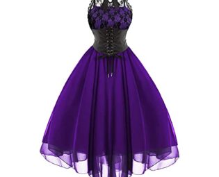 Women's Sleeveless Gothic Lace Dress 80s Fancy Dress Corset Halter Lace Swing Cocktail Purple steampunk buy now online