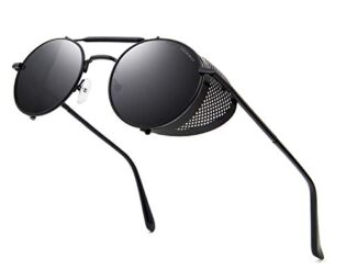 LECKIRUT Round Steampunk Sunglasses Men Women Vintage Retro Style Metal Frame Sun Glasses Black Frame Grey Lens steampunk buy now online