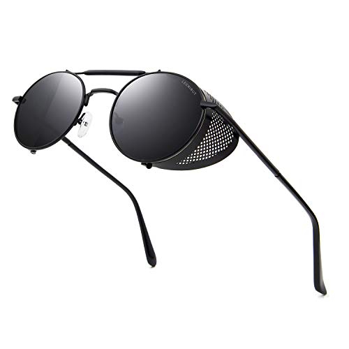 LECKIRUT Round Steampunk Sunglasses Men Women Vintage Retro Style Metal Frame Sun Glasses Black Frame Grey Lens steampunk buy now online