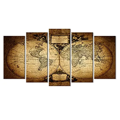 WELMECO 5 Pieces Ancient Map of the World Wall Canvas Prints Retro Map Poster Framed and Stretched Painting Vinitage Old Map for Living Room Office Decoration Large steampunk buy now online