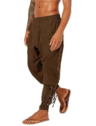 LVCBL Mens Medieval Pants Viking Linen Trousers Pirate Costume with Drawstrings Brown M steampunk buy now online