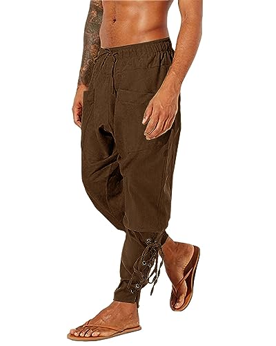 LVCBL Mens Medieval Pants Viking Linen Trousers Pirate Costume with Drawstrings Brown M steampunk buy now online