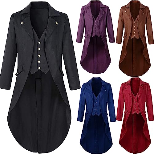 Men Steampunk Tailcoat with Buttons Gothic Trench Coat Lapel Collar Jacket Long Sleeve Cardigan Overcoat Victorian Renaissance Retro Tuxedo Winter Vintage Wind Cloak Halloween Cosplay Party Costume steampunk buy now online