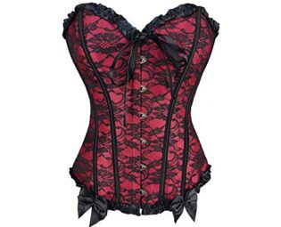 RHISLEO Women Lace Up Floral Lace Red Burlesque Basque Bustier Shaper Overbust Boned Corset Top (Floral Lace Red, 10) steampunk buy now online
