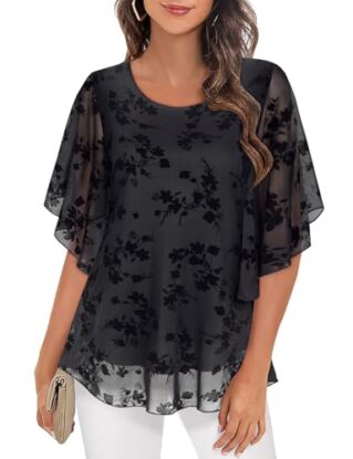Syphiby Tops for Women Summer, Womens Tunic Tops 3/4 Ruffle Sleeve Tshirts Plus Size Ladies Tops and Blouses Loose Fit Business Casual Tops Spring Summer Office Work Clothes, Multi- Black-2XL steampunk buy now online