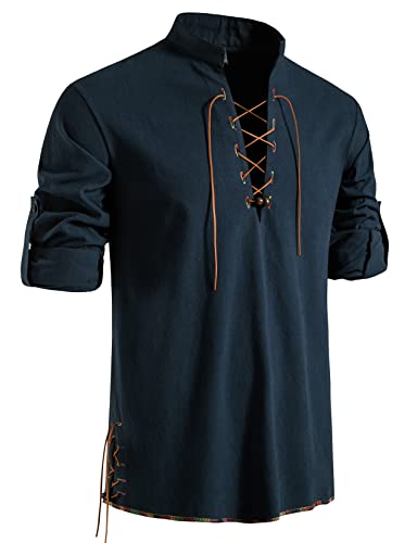 LucMatton Men's Retro Lace up Medieval Costume Shirts for Halloween Cosplay Viking Pirate Steampunk Vampire Renaissance Gothic Victorian Clothes Navy Medium steampunk buy now online