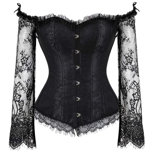 SZIVYSHI Women's Overbust Lace up Back Corset with Shoulder Sleeve and Long Skirt , Black -S(Waist:62cm) steampunk buy now online