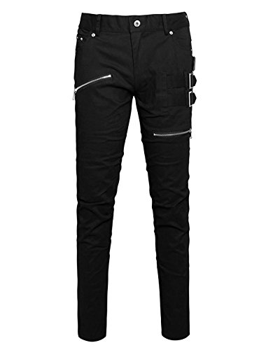 Sourcingmap Men's Casual Slim Fit Punk Gothic Pockets Patch Buckle Zipper Pants Trousers Black 34 steampunk buy now online