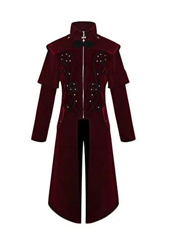 Sangdut Men's Retro Renaissance Gothic Steampunk Tailcoat Jacket, Medieval Victorian Embroidered Velvet Tuxedo Uniform, Vintage Adult Halloween Pirate Cosplay Costumes Outfits (Red, L) steampunk buy now online