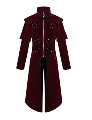 Sangdut Men's Retro Renaissance Gothic Steampunk Tailcoat Jacket, Medieval Victorian Embroidered Velvet Tuxedo Uniform, Vintage Adult Halloween Pirate Cosplay Costumes Outfits (Red, L) steampunk buy now online