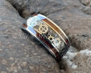 10mm Steampunk Gear Wheel Tungsten Ring |Gear Tungsten Wedding Ring |Engagement Ring |Unique Tungsten Ring | Wood Inlay Domed Polished Fit by StitchHavenStyle steampunk buy now online