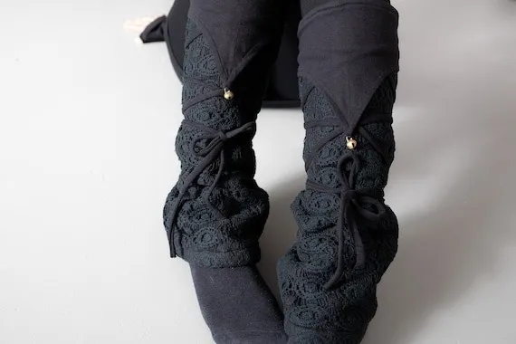 Warmly Lined Leg Warmers, Boot Cuffs - with Lacing and Brass Bells - Fleece - black by REGENBOGENSCHWARZ steampunk buy now online