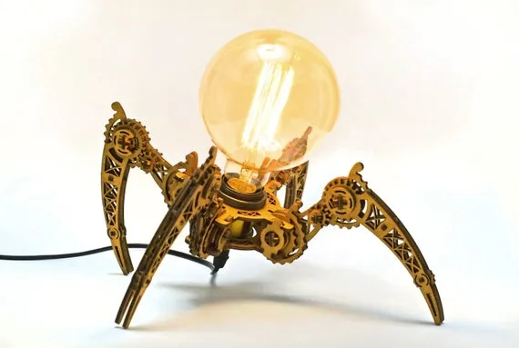 Wooden Spider lamp - a unique gift for him that combines nature, mechanics, and steampunk aesthetics for your desk, shelf or bedside table by AmbiColoredLight steampunk buy now online