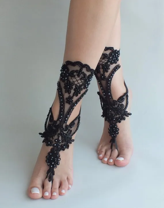 Beach wedding gothic barefoot sandal black lace wedding party steampunk burlesque bangle beach anklets bridal accessory goth wampire by WeddingBarefoot steampunk buy now online