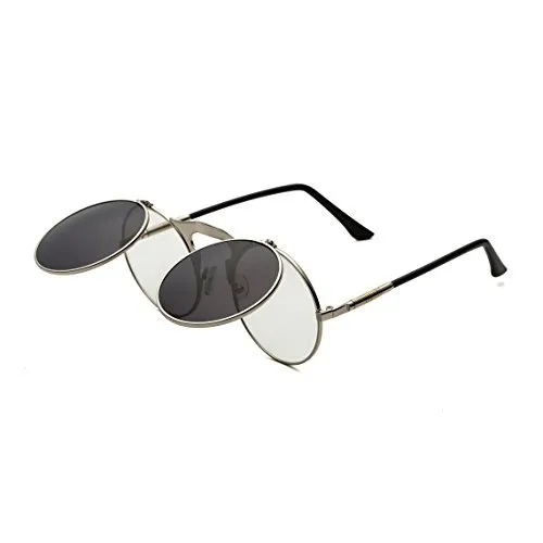 Dollger Round Retro Sunglasses Steampunk Sunglasses Flip Up Sunglasses for Men Women(Black Lens+Silver Frame) steampunk buy now online
