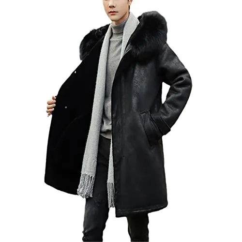 KEHAIOO Mens Long Leather Coat, Fur Collar Leather Jacket, Wool Liner Outerwear Winter Fur Coats steampunk buy now online