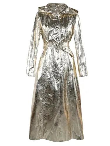 Extra Long Silver Reflective Pu Leather Trench Coat For Women With Hood Sashes Long Outerwear gold 5XL steampunk buy now online