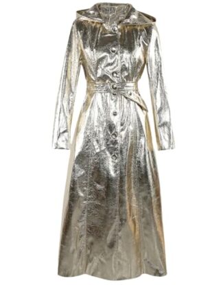 Extra Long Silver Reflective Pu Leather Trench Coat For Women With Hood Sashes Long Outerwear gold 5XL steampunk buy now online