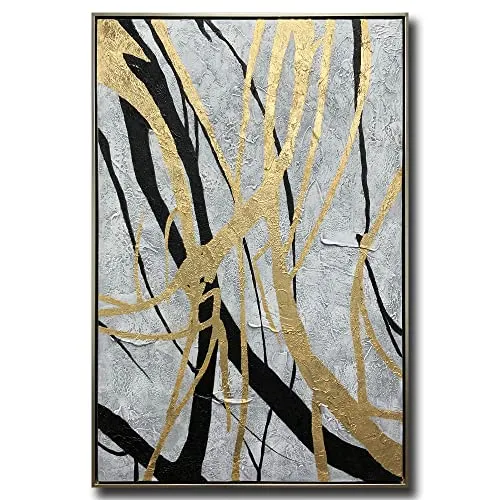 Boieesen Art,24x36Inch Hand-Painted Golden Lines Oil Painting Black White Minimalism Wall Art Abstract Artwork with Polystyrene Frame Ready to Hang steampunk buy now online