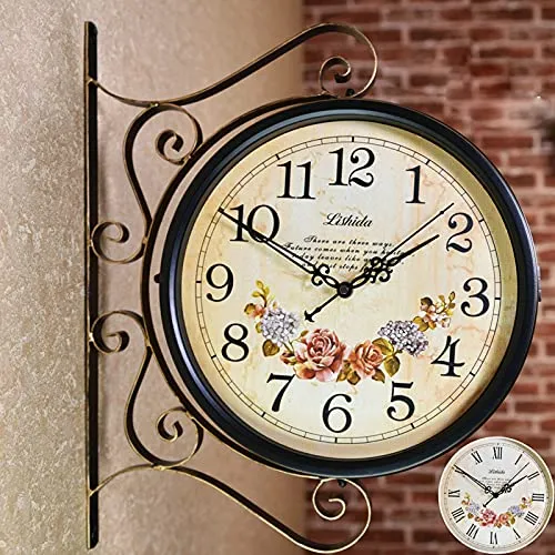 JFNHUTL Wall Clock, Wall Timer, Outdoor Garden Clocks Retro for Patio Porch Garden Outdoor Decorative Double-Sided Hanging Clock Wall Hanging with Bracket steampunk buy now online