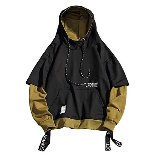 Pullover Hoodie Long Sleeve Sweatshirt, Patchwork Hoodie Men's Loose Stitching Fake Two Piece Hoodie Top Hoodie Sweatshirts with Pockets Men's Hoodie with Zip and Drawstring, black, XXL steampunk buy now online