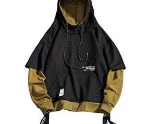 Pullover Hoodie Long Sleeve Sweatshirt, Patchwork Hoodie Men's Loose Stitching Fake Two Piece Hoodie Top Hoodie Sweatshirts with Pockets Men's Hoodie with Zip and Drawstring, black, XXL steampunk buy now online