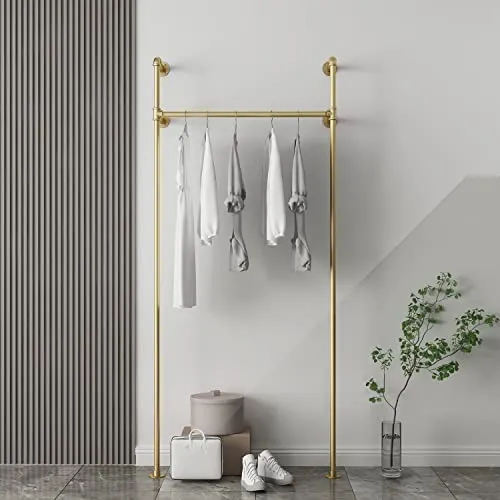 Industrial Pipe Clothing Rack On Wall,Moden Wall Mounted Closet Storage Rack,Hanging Clothes Retail Display Rack,Heavy Duty Steampunk Garment Racks,Gold steampunk buy now online