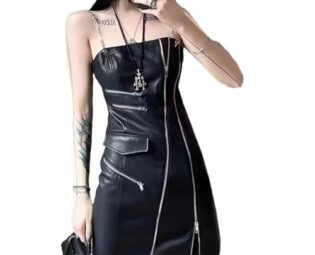 Women Leather Vintage Youth Steampunk Slim Bodycon Metal Chain Sling Micro Skirts Black M steampunk buy now online