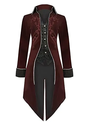 Sangdut Men’s Medieval Steampunk Tailcoat Jacket, Male Victorian Renaissance Gothic Retro Vintage Embroidery Coat Halloween Party Cosplay Pirate Vampire Gentleman Costumes for Adult (Red, XL) steampunk buy now online
