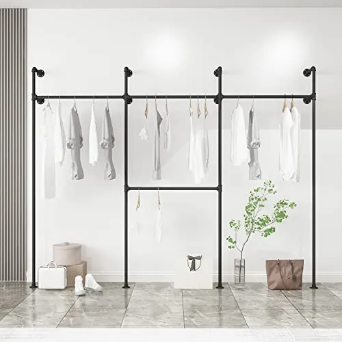 Industrial Pipe Clothing Rack On Wall,Moden Wall Mounted Closet Storage Rack,Hanging Clothes Retail Display Rack,Heavy Duty Steampunk Garment Racks,Black & Three B steampunk buy now online