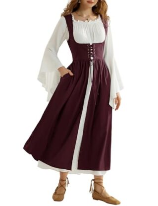 Womens Red Renaissance Dress Off Shoulder Long Sleeve Chemise Lace-up Irish Overdress Two-Piece Medieval Costume for Women UK XL steampunk buy now online