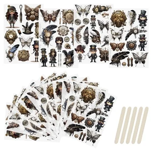 WANDIC 16 Sheets Rub On Transfer Stickers Retro Decals Waterproof Stickers Industrial Punk Themed Decals for DIY Scrapbooking steampunk buy now online