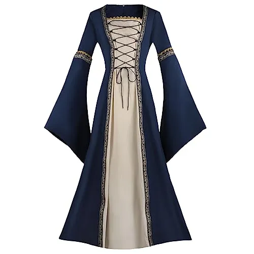Renaissance Dress Women's Medieval Dress with Trumpet Sleeves Medieval Costumes Gothic Clothing High Waist Maxi Dress Festive Cosplay Party Carnival Halloween Costume Victorian Queen Dresses, blue, XL steampunk buy now online