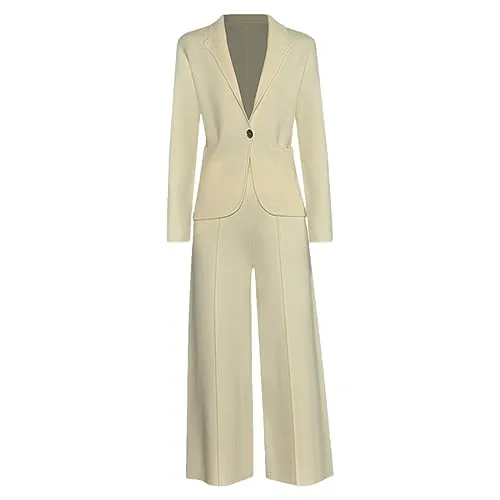 Autumn Winter Women Pants Suit Single Buckle Notched Long Sleeve Coat + Pants 2 Pieces Set Beige S steampunk buy now online